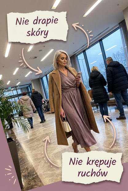 Satynowa sukienka mokka na wesele midi z bufiastymi rękawami rozkloszowana id:2128A