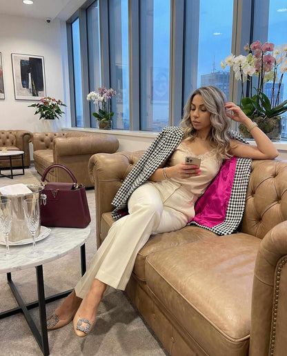 Oversize’owa marynarka żakardowa w pepitkę z fuksjową podszewką id:2301