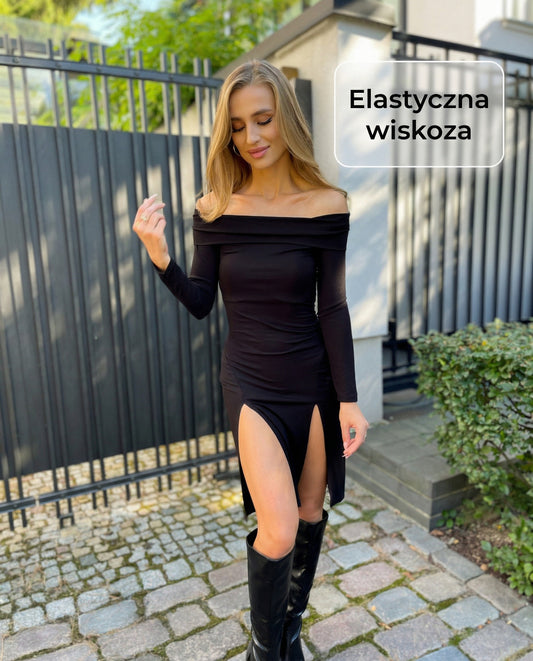 Czarna dopasowana sukienka z wiskozy z dekoltem hiszpańskim z dwoma rozporkami na nogach id:743