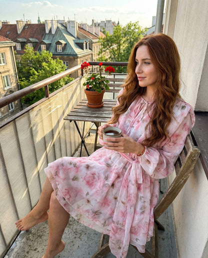 Kwiecista Szyfonowa Sukienka Mini z Wiązaniem i poduszkami id:2343