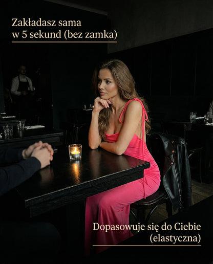 Różowa neonowa sukienka na wesele dla druhen z otwartymi plecami i marszczeniem id:1033