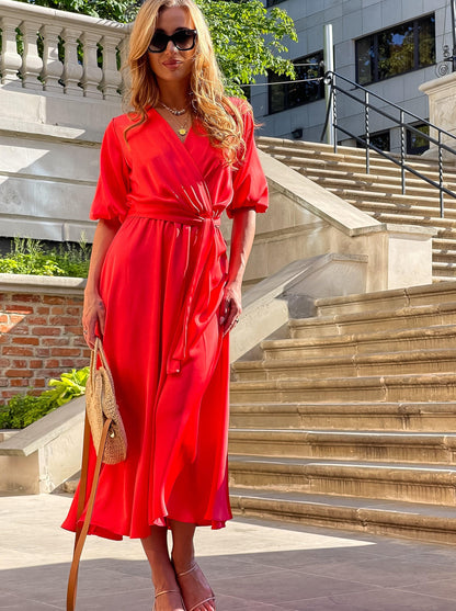 Satynowa sukienka na wesele pomarańczowo koralowa rozkloszowana midi id:2157