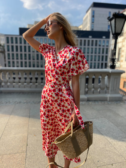 Wiązana satynowa sukienka w czerwone kwiaty id:2174