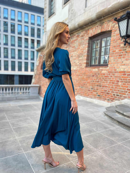Morska elegancka sukienka midi z wiskozy bufiastymi rękawami id:2184
