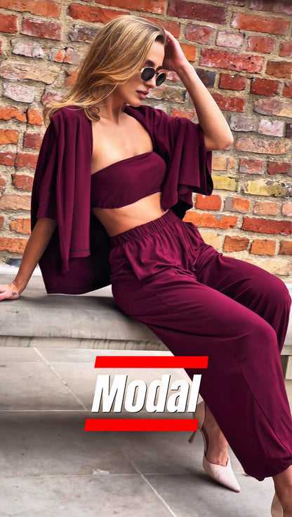 Trzyczęściowy komplet – top, spodnie i krótka narzutka kimono w kolorze bordo id:2196