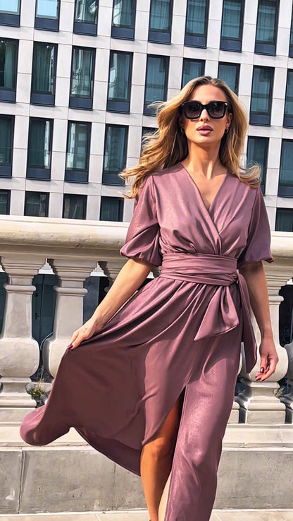 Rozkloszowana brokatowa sukienka okolicznościowa w odcieniu mokka z szerokim pasem id:2210