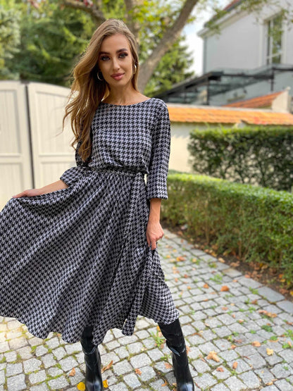 Rozkloszowana szara sukienka midi z wiskozy w pepitkę z paskiem id:2222