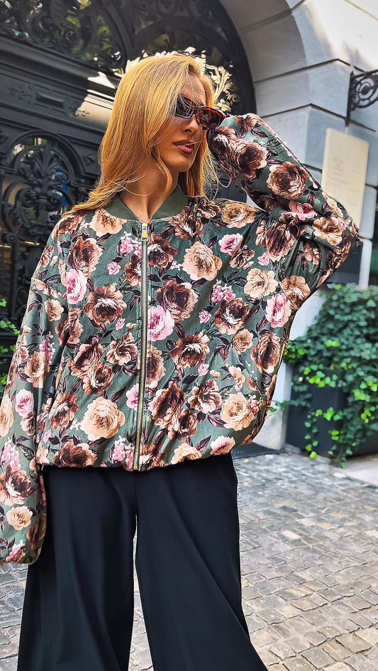 Welurowa kurtka bomberka damska oversize w kwiaty – zielona id:2242