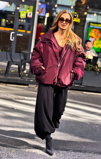 Damska ocieplana bordowa kurtka damska pikowana oversize na zimę z dużą stójką id:2239