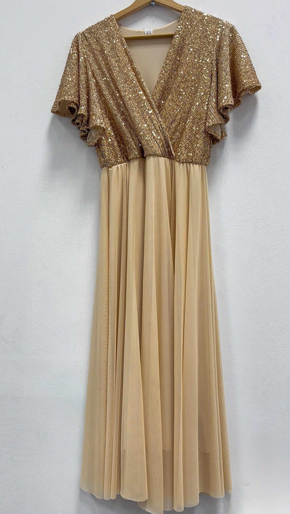 Złota sukienka wieczorowa midi z cekinową górą i siateczkowym rozkloszowanym dołem id:2257