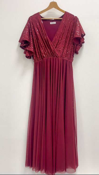 Bordowa długa sukienka wieczorowa z cekinową górą i rozkloszowaną spódnicą z siatki id:2258