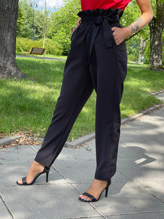 Eleganckie czarne spodnie paperbag z wysokim stanem i wiązaniem w pasie id:2319