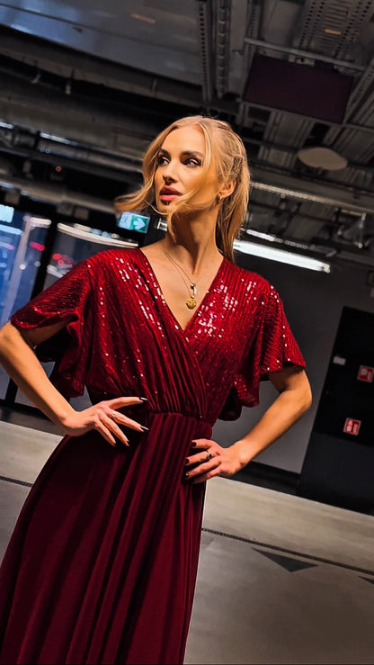 Bordowa długa sukienka wieczorowa z cekinową górą i rozkloszowaną spódnicą z siatki id:2258