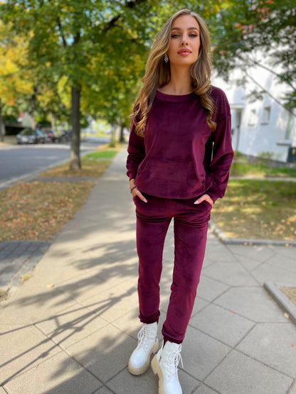 Śliwkowy welurowy komplet dresowy z bluzą kangurką id:737