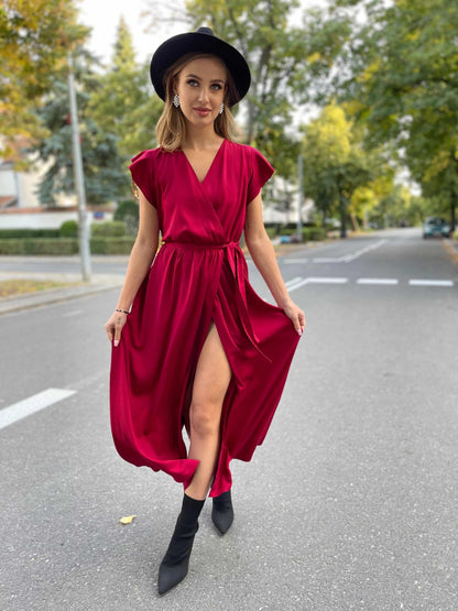 Bordowa sukienka maxi z wiskozy z falbanami na ramionach id: 2063