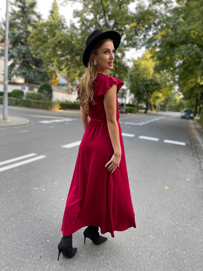 Bordowa sukienka maxi z wiskozy z falbanami na ramionach id: 2063