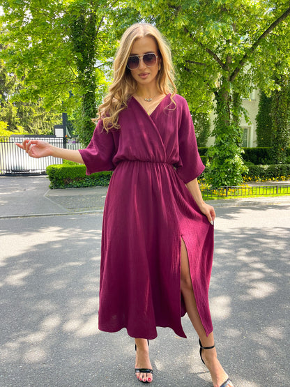 Bawełniana śliwkowa sukienka midi z kimonowymi rękawami na lato id:2082