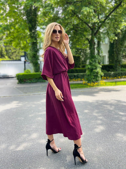 Bawełniana śliwkowa sukienka midi z kimonowymi rękawami na lato id:2082