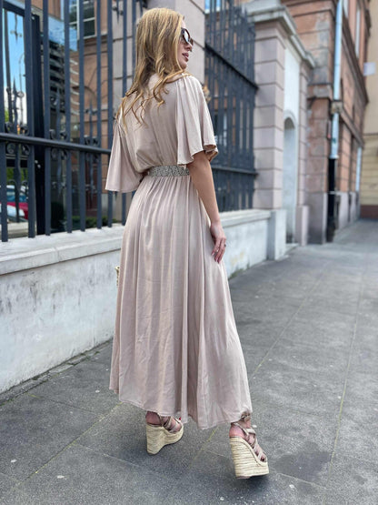 Zwiewna beżowa sukienka midi na lato z wiskozy z rozcięciem na nogę id:2111