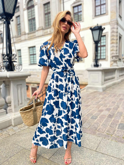 Kremowa lniana zwiewna sukienka z kwiatowym granatowym wzorem i bufkami id:2065