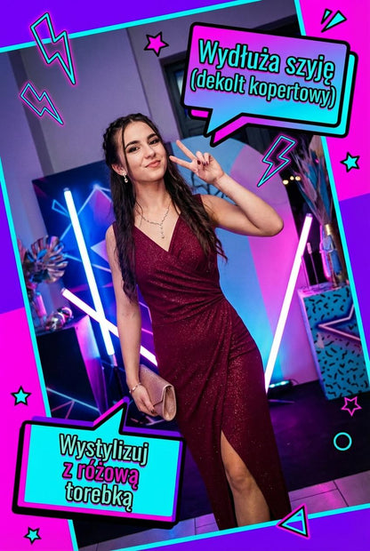 Bordowa brokatowa sukienka maxi wieczorowa na Studniówkę z rozcięciem id:2278