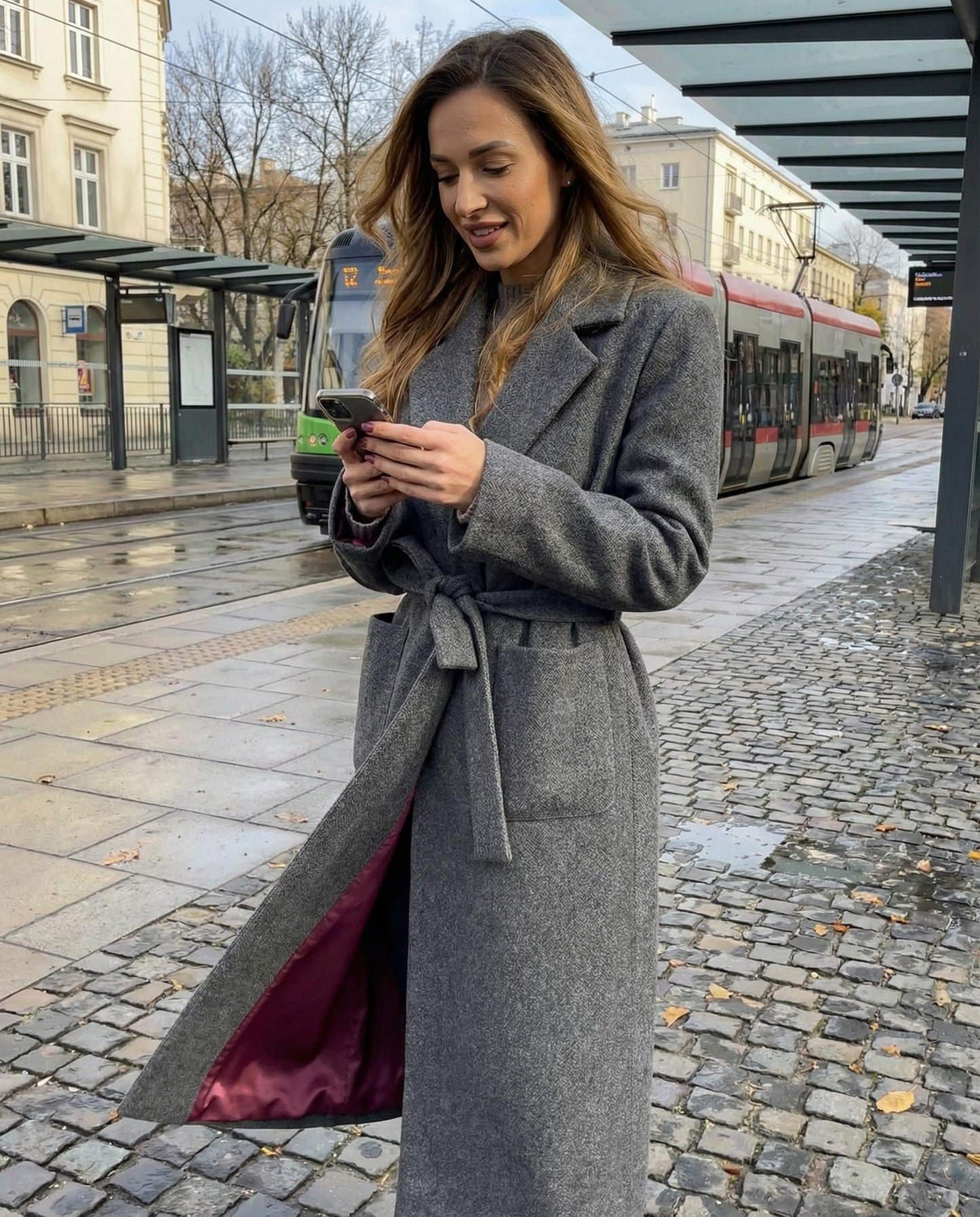 Klasyczny długi grafitowy płaszcz flauszowy z bordową satynową podszewką i paskiem id:2274