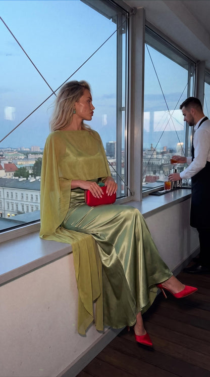 Satynowa zielona okolicznościowa sukienka maxi z szyfonowym szalem id:2521