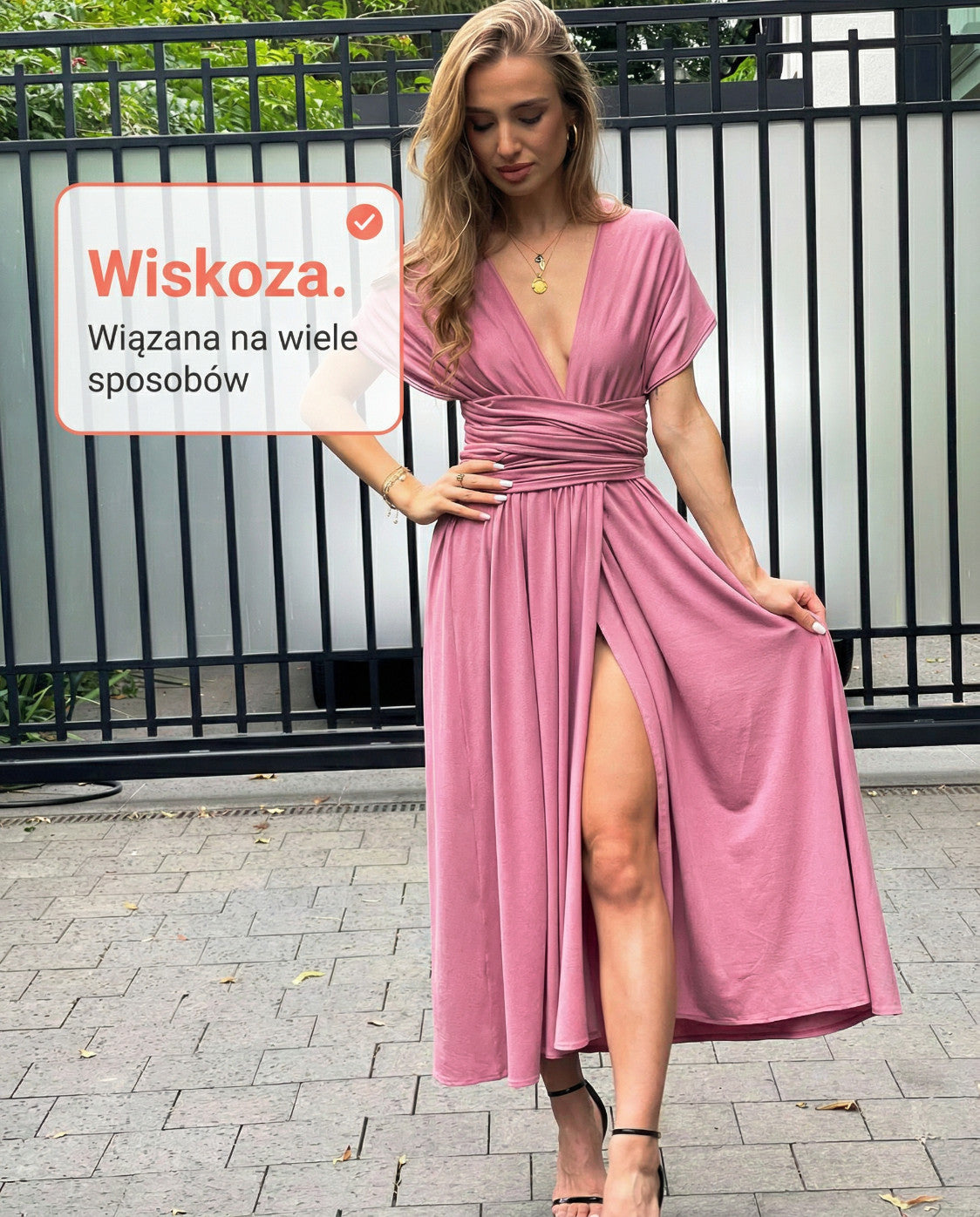 Jasnoróżowa sukienka na wesele wiązana na wiele sposobów z wiskozy id:1591