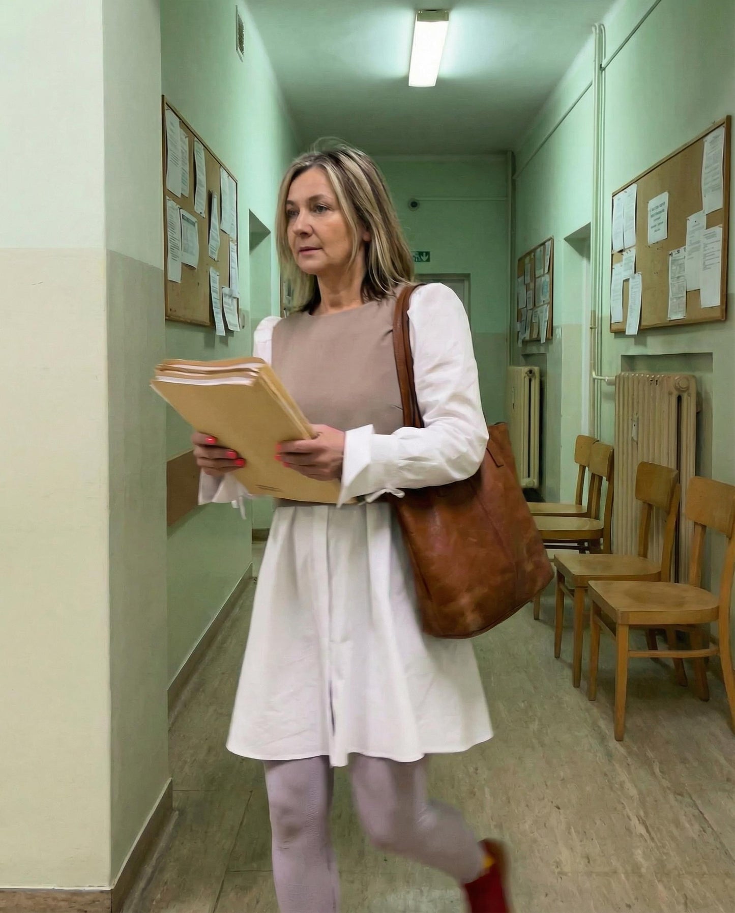 Biało beżowa sukienka z kontrastowymi koszulowymi rękawami id:2303A