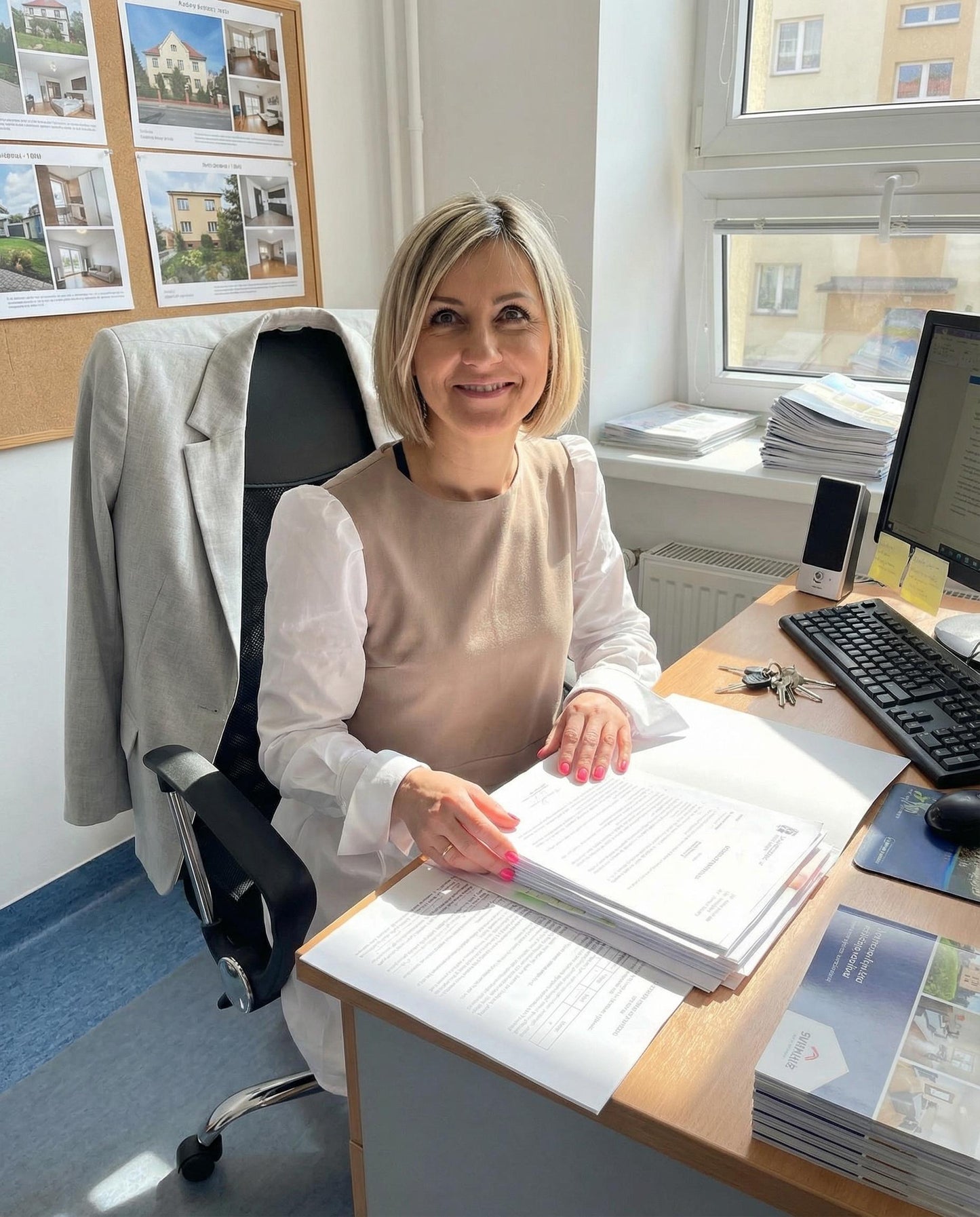 Biało beżowa sukienka z kontrastowymi koszulowymi rękawami id:2303A