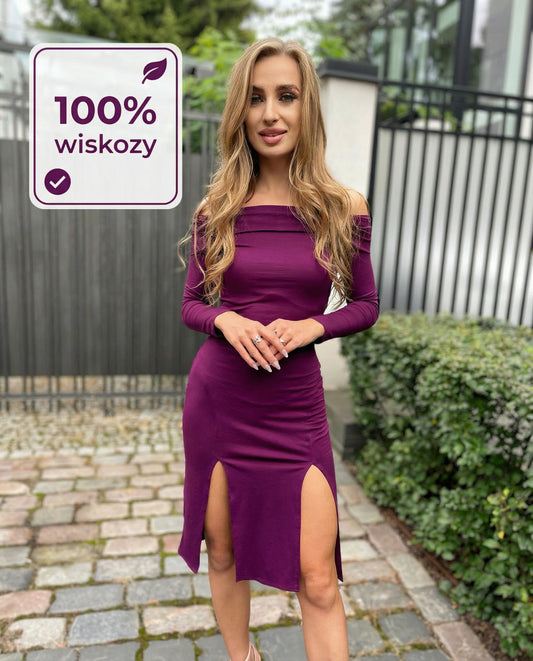 Śliwkowa sukienka z dekoltem hiszpańskim z dwoma rozporkami na nogach id:779