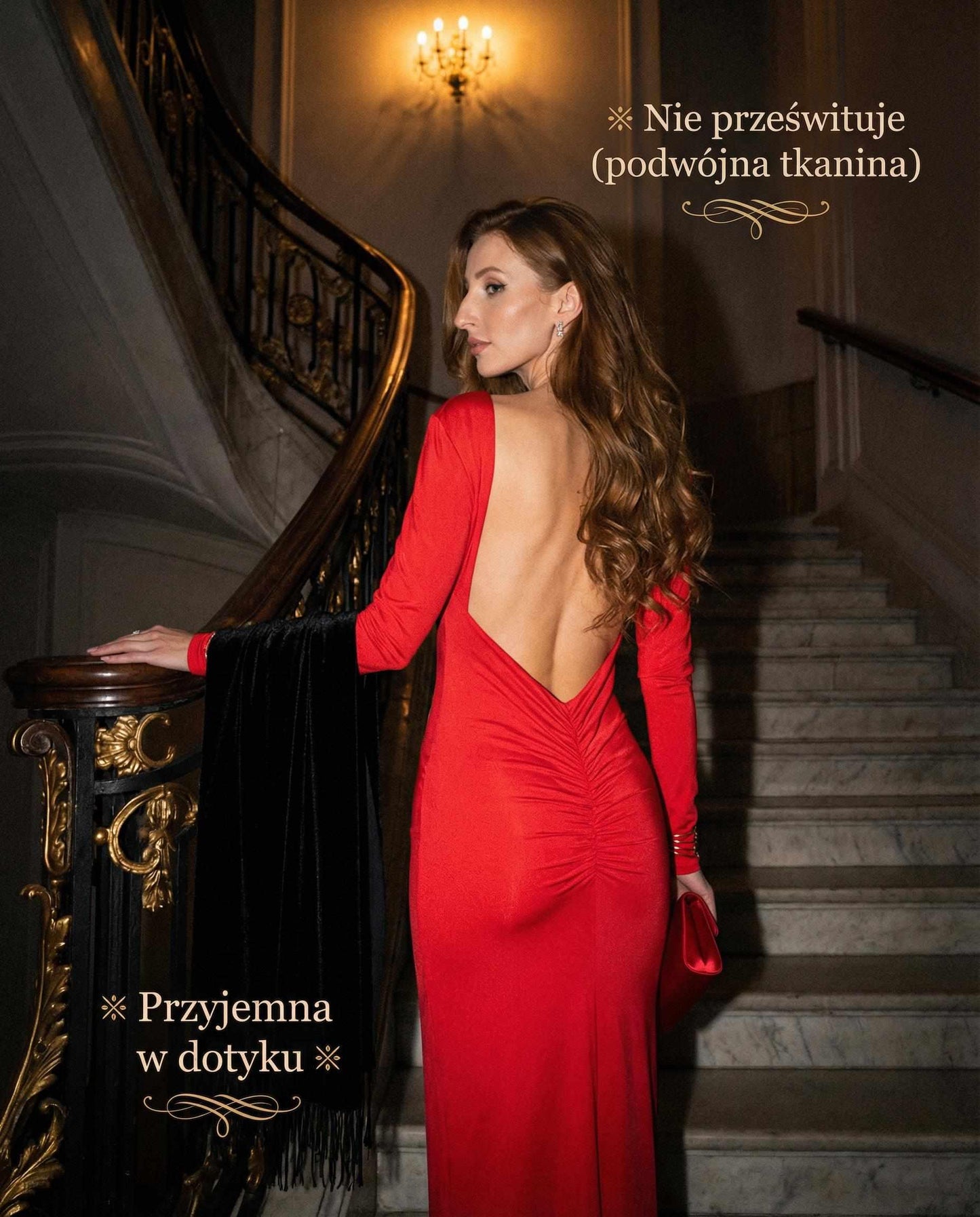 Czerwona sukienka wieczorowa na walentynki z głębokim dekoltem na plecach i marszczeniami modelującymi pośladki id:2038