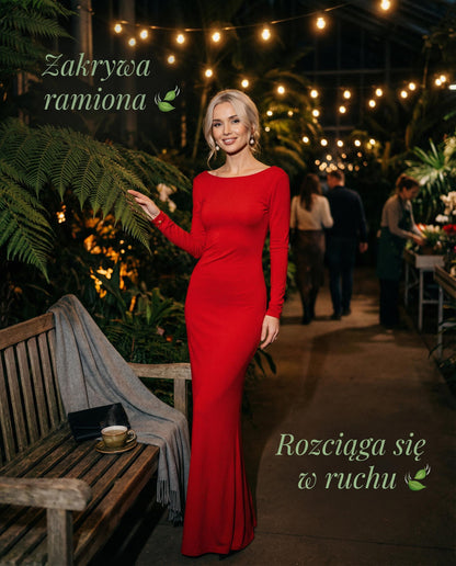 Czerwona sukienka wieczorowa na walentynki z głębokim dekoltem na plecach i marszczeniami modelującymi pośladki id:2038