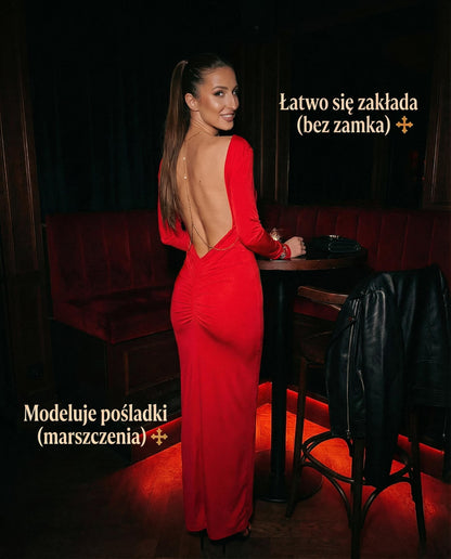Czerwona sukienka wieczorowa na walentynki z głębokim dekoltem na plecach i marszczeniami modelującymi pośladki id:2038