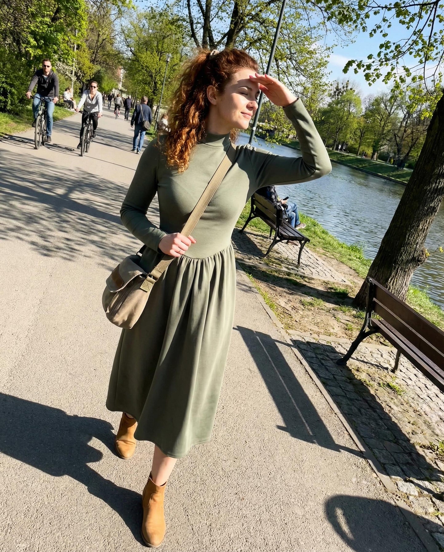 Oliwkowa sukienka midi z długim rękawem i wiązaniem id:2301