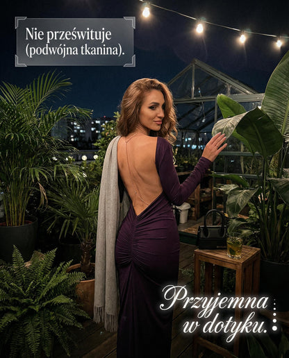 Fioletowa sukienka na studniówkę maxi z odkrytymi plecami i marszczeniem id:947