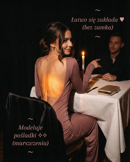 Cielisto beżowa sukienka maxi z odkrytymi plecami i marszczeniem id:941