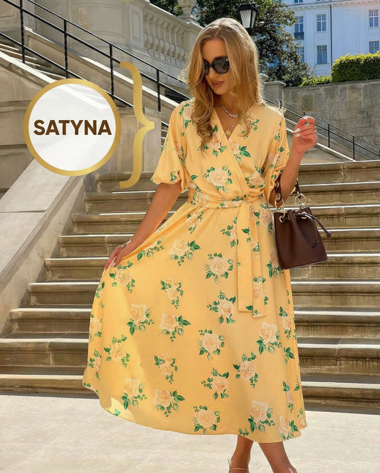 Żółta satynowa sukienka na wesele pastelowe róże na wesele midi id:2156