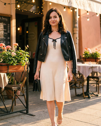 Dzianinowa Sukienka Mini z Kontrastową Lamówką w kolorze ecru id:2328