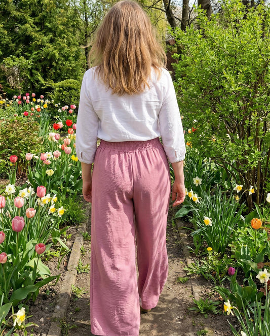 Szerokie wiskozowe spodnie z wysokim stanem w kolorze brudnego różu id:2429