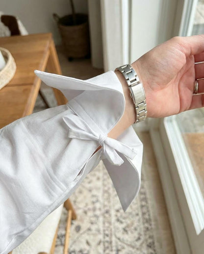 Biało beżowa sukienka z kontrastowymi koszulowymi rękawami id:2303