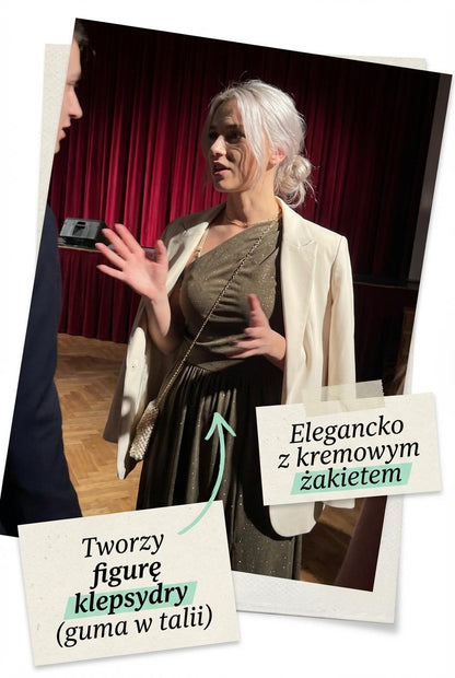 Brokatowa sukienka maxi na jedno ramię w kolorze khaki id:2279