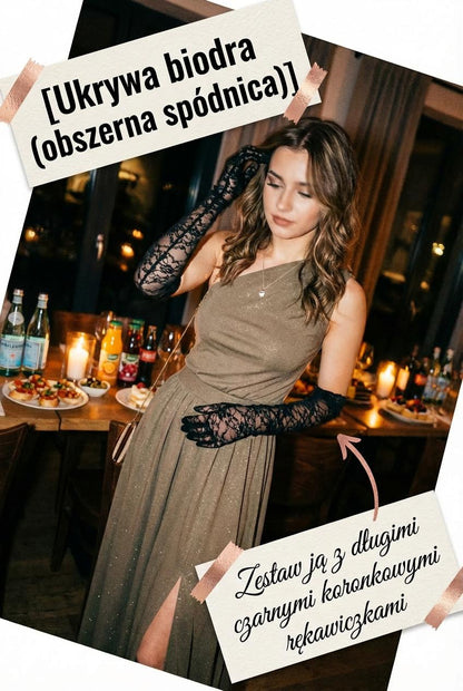 Brokatowa sukienka maxi na jedno ramię w kolorze khaki id:2279