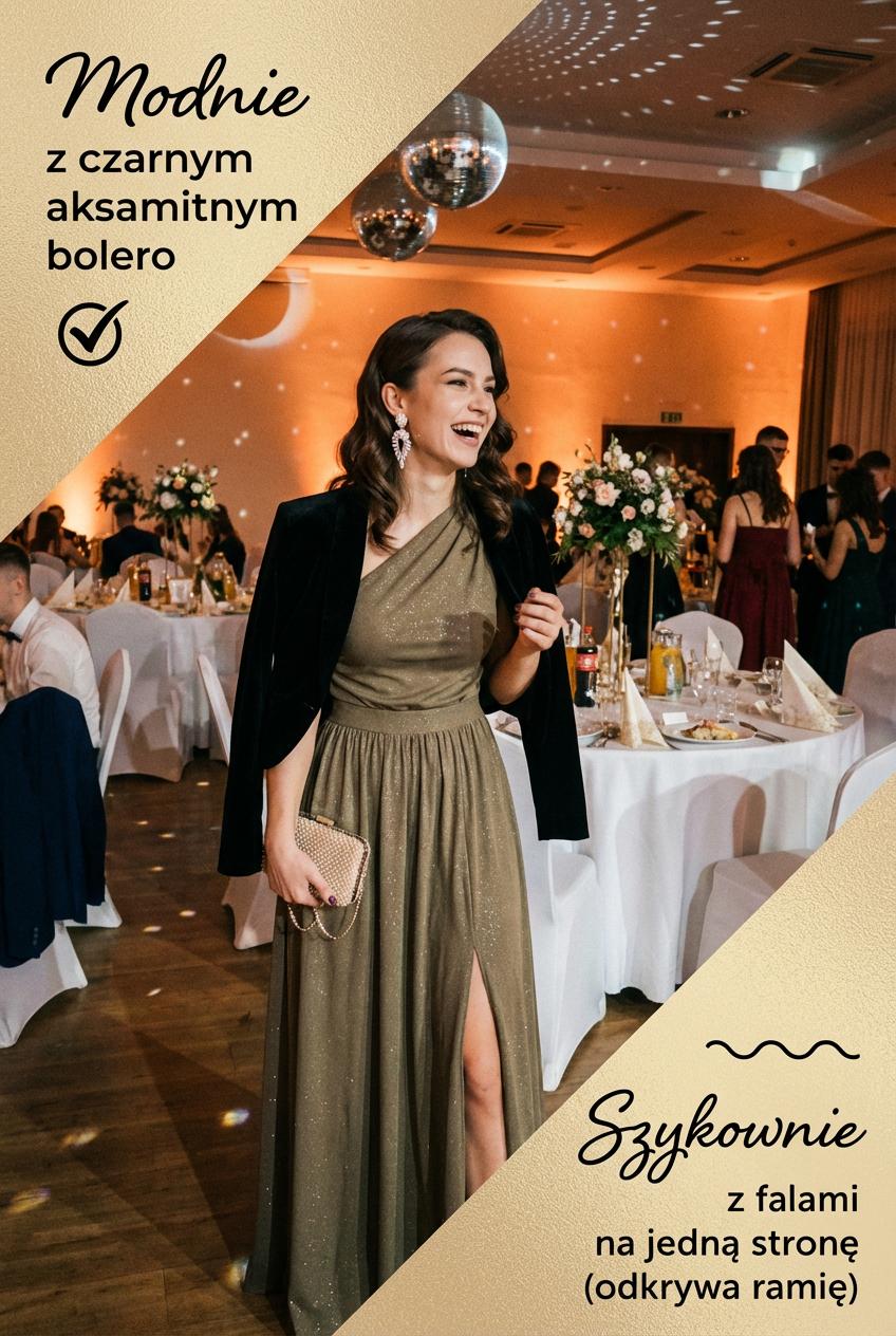 Brokatowa sukienka maxi na jedno ramię w kolorze khaki id:2279