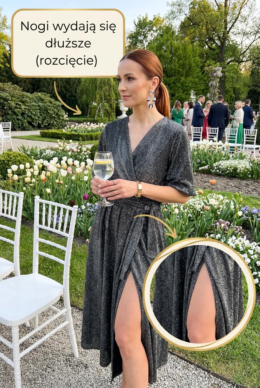 Srebrna sukienka midi z błyszczącą nitką z szerokim pasem id:2273