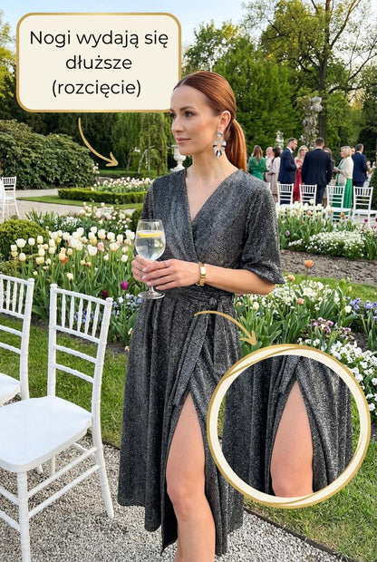 Srebrna sukienka midi z błyszczącą nitką z szerokim pasem id:2273