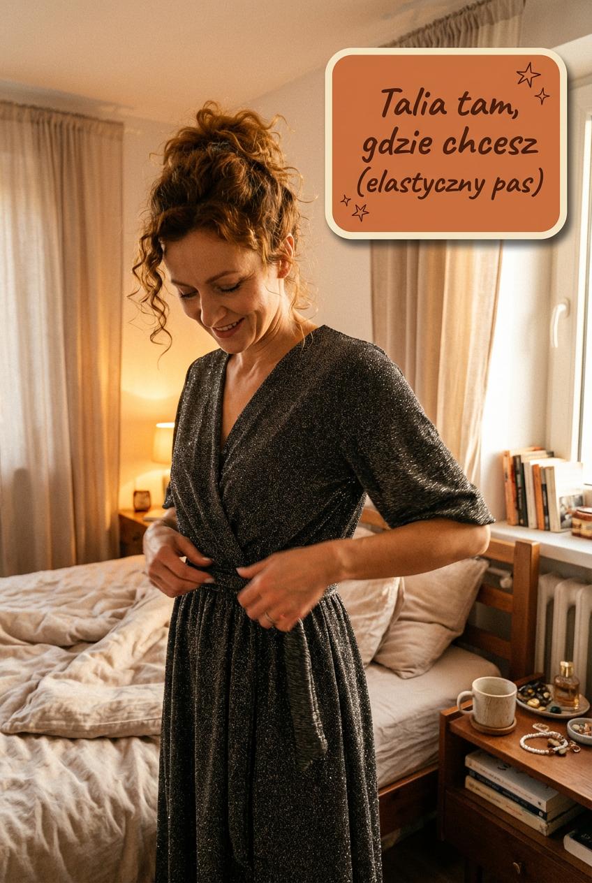 Srebrna sukienka midi z błyszczącą nitką z szerokim pasem id:2273