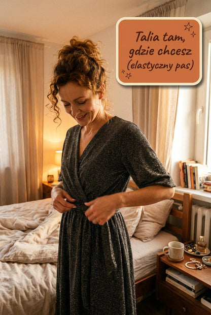 Srebrna sukienka midi z błyszczącą nitką z szerokim pasem id:2273