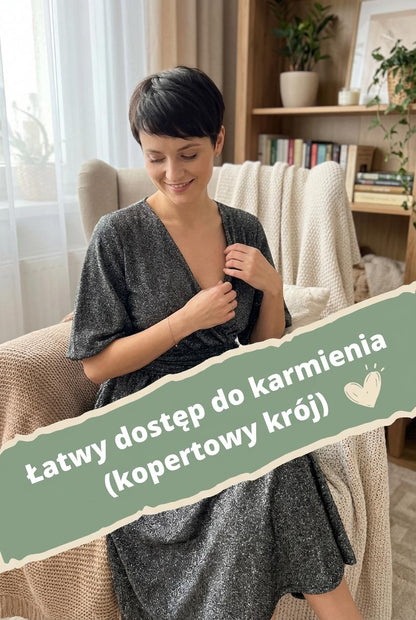 Srebrna sukienka midi z błyszczącą nitką z szerokim pasem id:2273