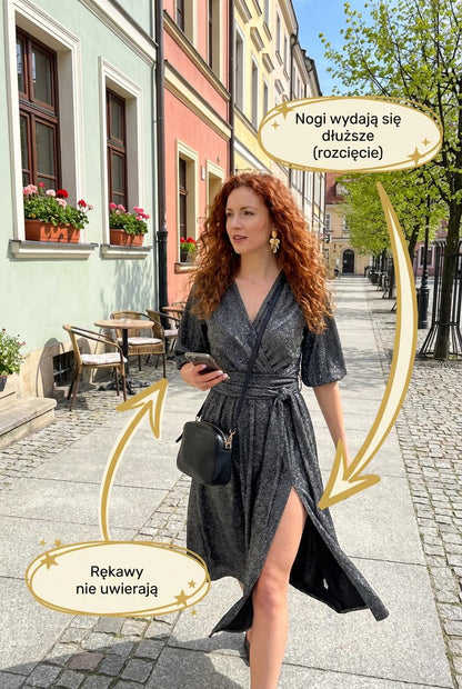 Srebrna sukienka midi z błyszczącą nitką z szerokim pasem id:2273